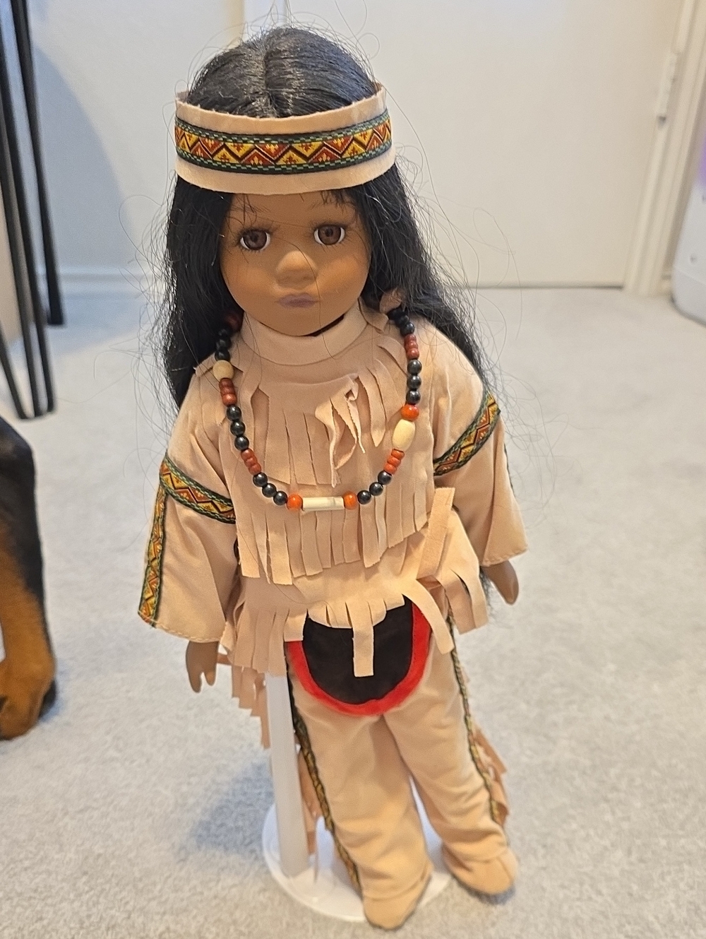 Handcrafted Kids Native-Inspired Doll in Beige Outfit with Beaded Necklace